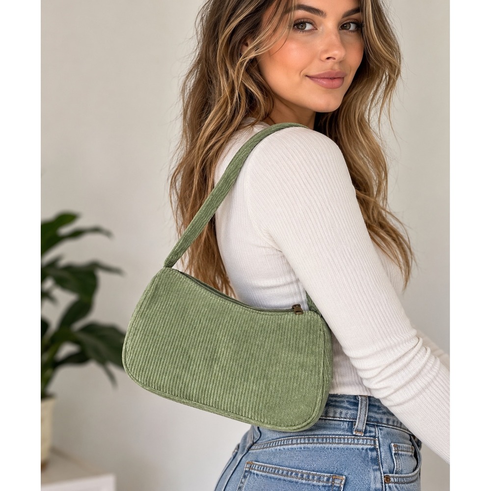 Corduroy Shoulder Bag Womens Small Sage Green Retro Baguette Purse Y2K